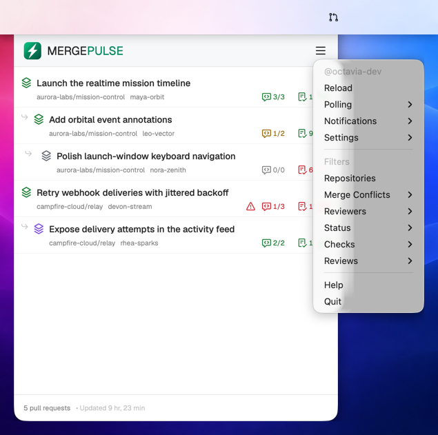 MergePulse options menu with refresh, polling, notification, repository, reviewer, status, and appearance controls.