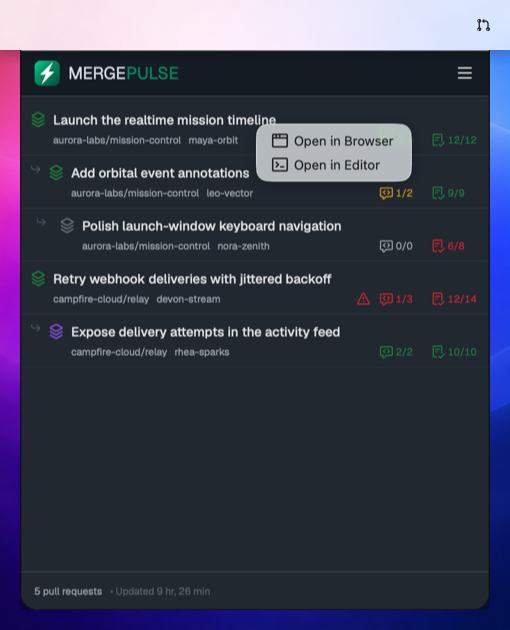 The MergePulse context menu offering Open in Browser and Open in Editor for a pull request.