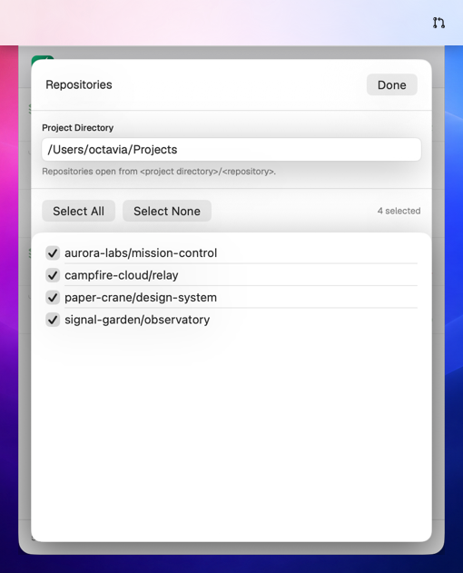 MergePulse repository picker with local project directory and repository selection.