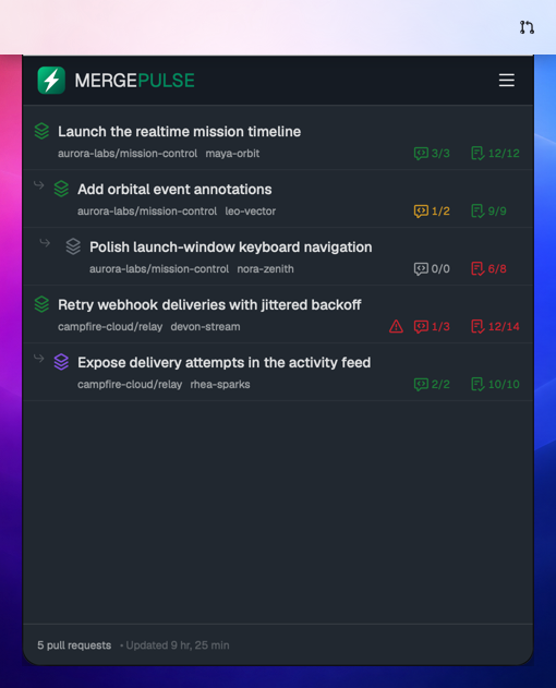 MergePulse’s native dark-mode inbox showing five pull requests organized into a branch stack.